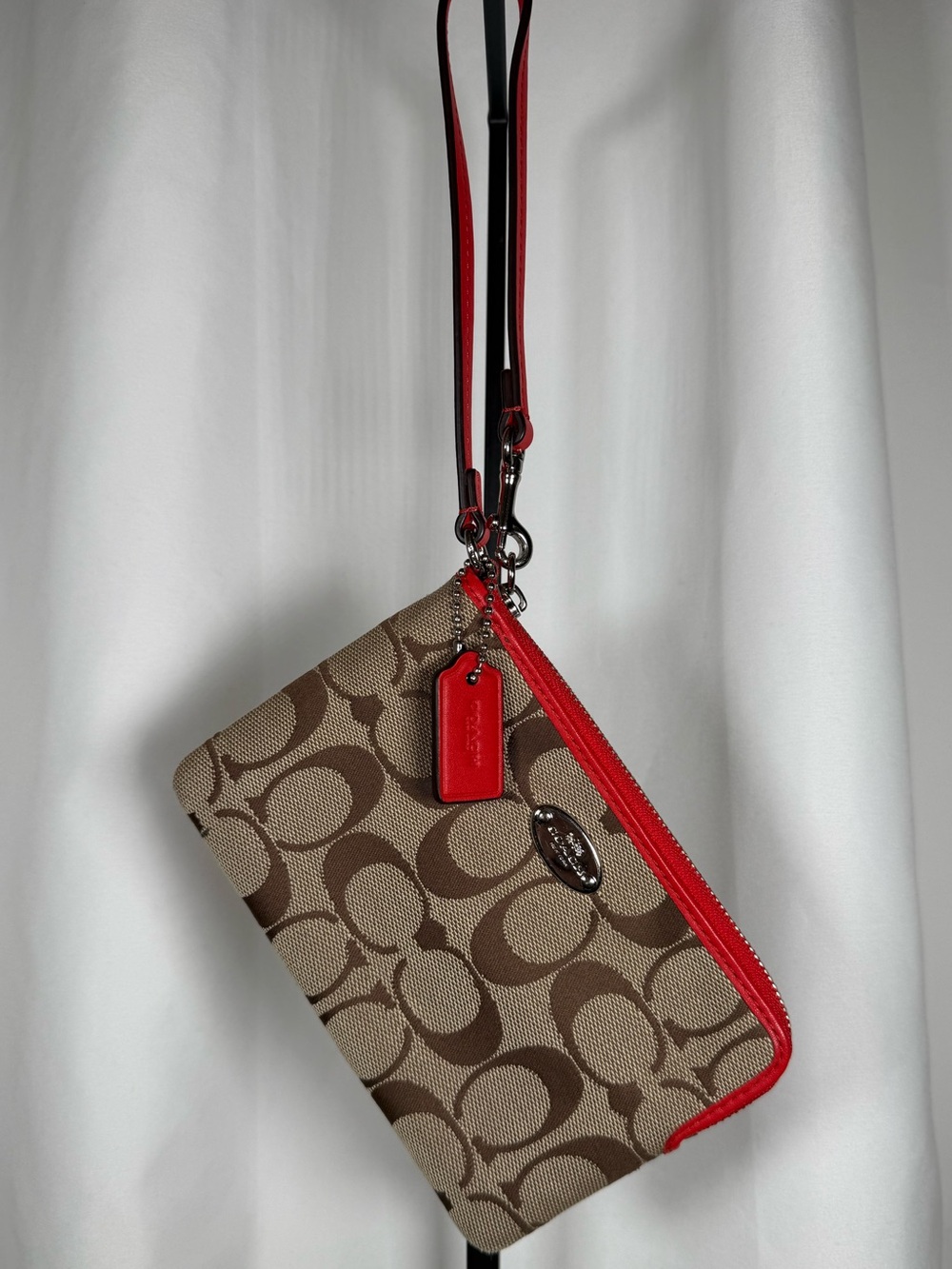 Coach Brown Signature Canvas Wristlet with Red Trim